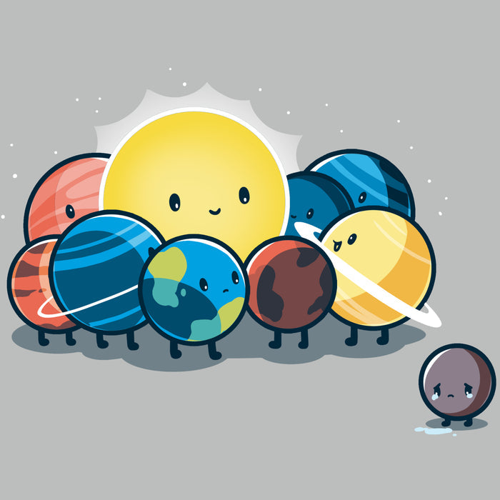 Premium Cotton T-shirt_TeeTurtle Dwarf Planet silver gray t-shirt featuring the planets of our solar system in space  huddled around the sun while Pluto is far away crying.