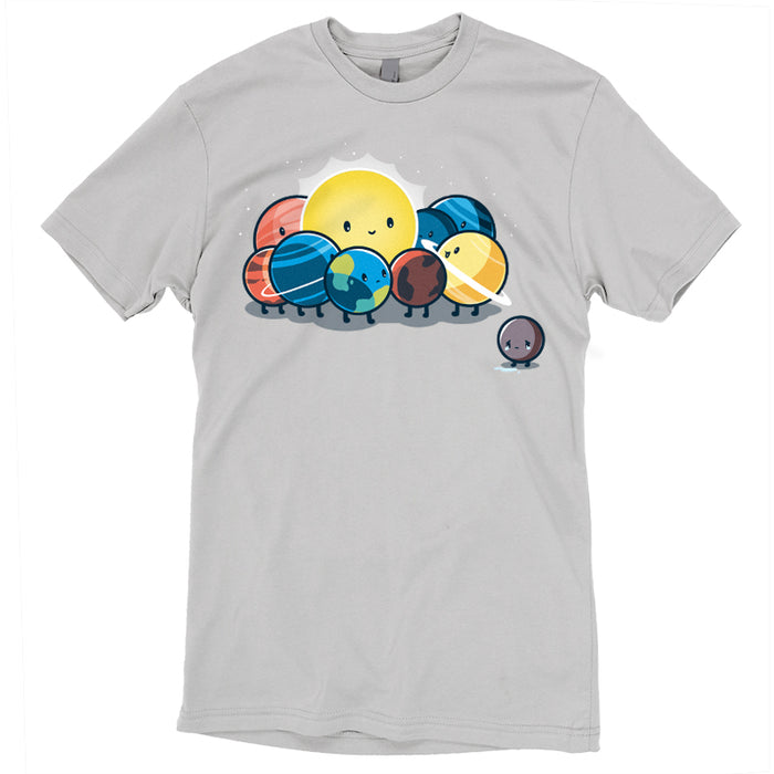 Premium Cotton T-shirt_TeeTurtle Dwarf Planet silver gray t-shirt featuring the planets of our solar system in space  huddled around the sun while Pluto is far away crying.