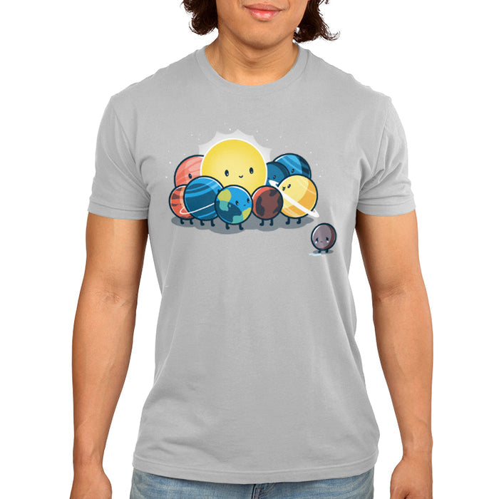 Premium Cotton T-shirt_TeeTurtle Dwarf Planet silver gray t-shirt featuring the planets of our solar system in space  huddled around the sun while Pluto is far away crying.