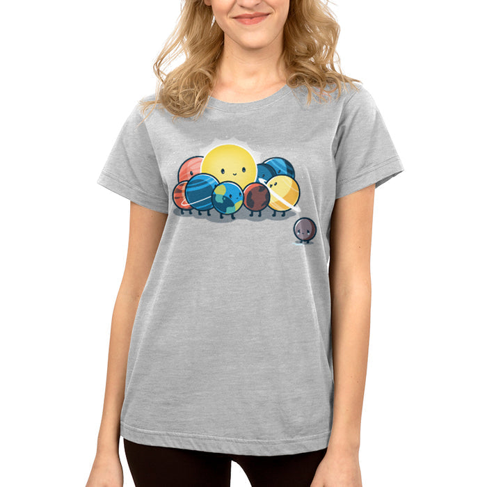 Premium Cotton T-shirt_TeeTurtle Dwarf Planet silver gray t-shirt featuring the planets of our solar system in space  huddled around the sun while Pluto is far away crying.