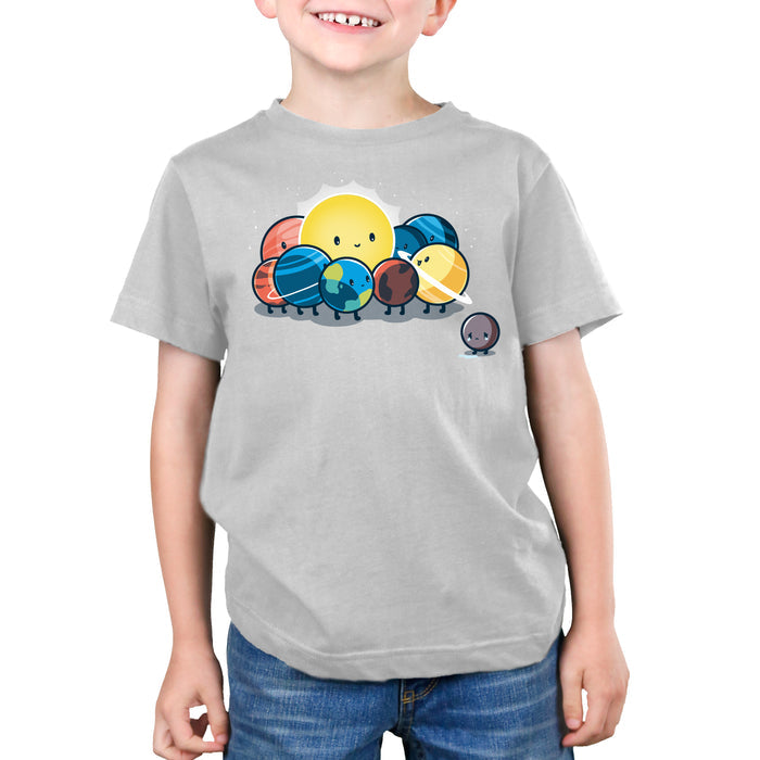 Premium Cotton T-shirt_TeeTurtle Dwarf Planet silver gray t-shirt featuring the planets of our solar system in space  huddled around the sun while Pluto is far away crying.
