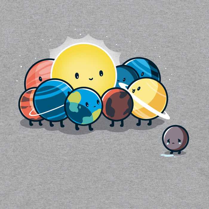 Classic Cotton T-shirt_TeeTurtle Dwarf Planet heather gray t-shirt featuring the planets of our solar system in space  huddled around the sun while Pluto is far away crying.