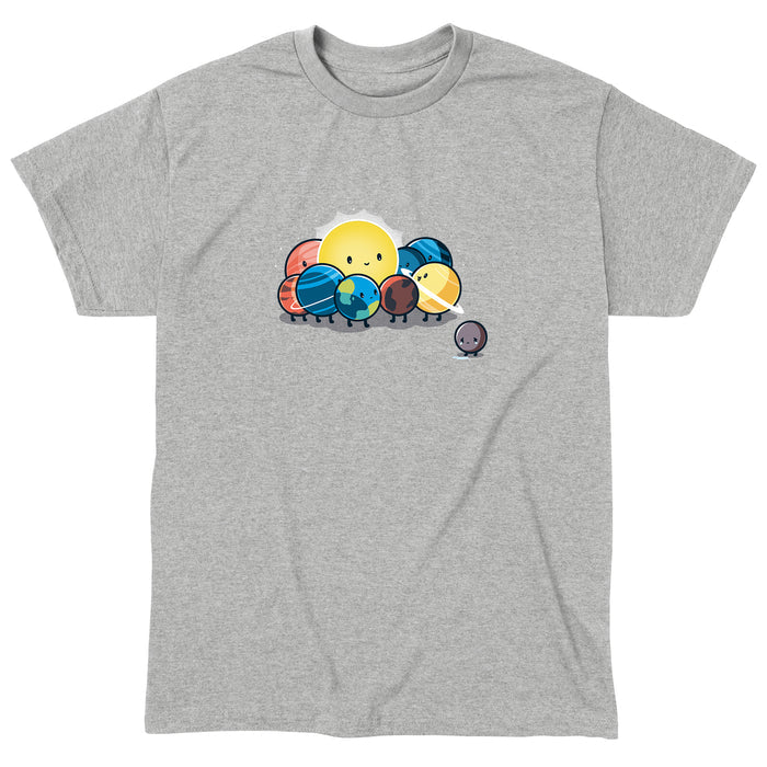 Classic Cotton T-shirt_TeeTurtle Dwarf Planet heather gray t-shirt featuring the planets of our solar system in space  huddled around the sun while Pluto is far away crying.