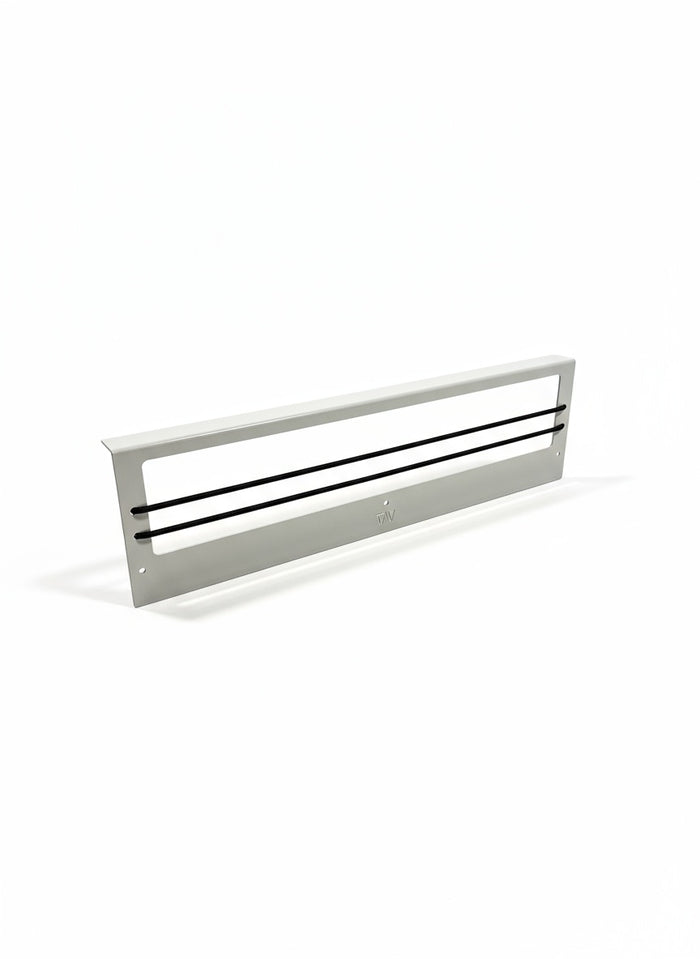 Ekko kitchen cabinet face plate with horizontal black trim and a sleek silver finish.