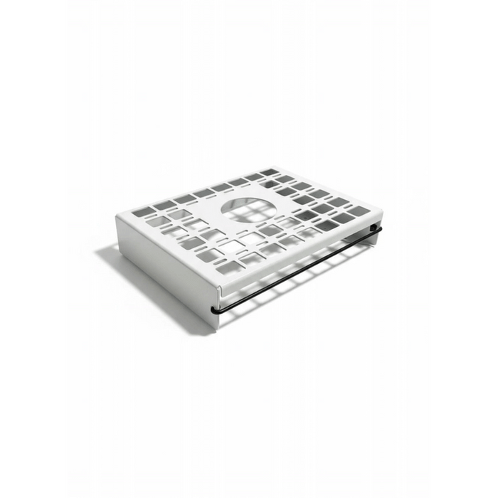 Ekko under cabinet shelf for passenger side van, with open grid design and sleek metal bar.