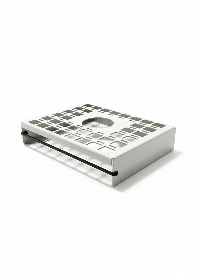 White metal under cabinet shelf with square cutouts, designed for passenger side van installation.