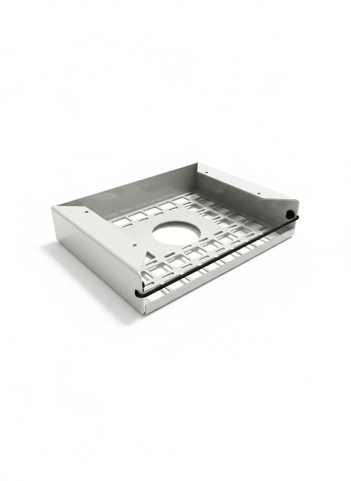 Passenger side under cabinet shelf with ventilated metal base and mounting brackets