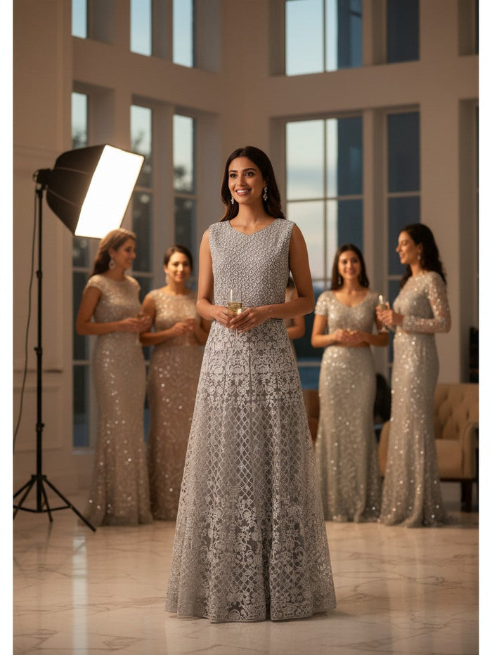 Kurti Connection USA silver-grey sleeveless formal maxi dress with intricate embroidery worn by a smiling model.