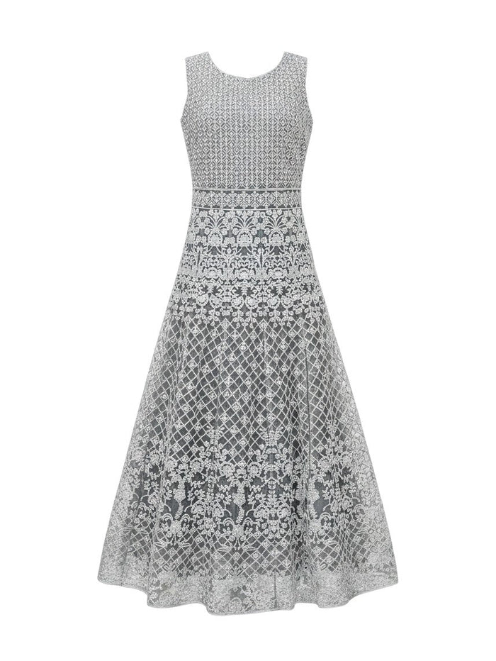 Kurti Connection USA silver-grey sleeveless formal maxi dress with intricate floral and geometric embroidery