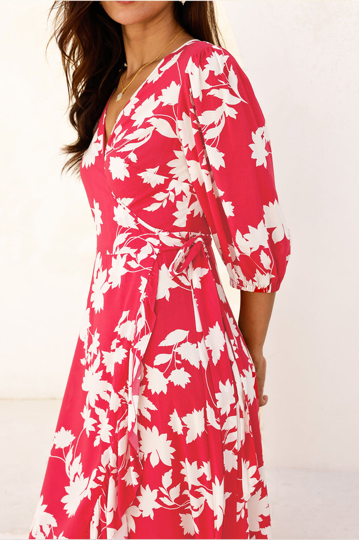Ella EcoVero™ 3/4 Length Sleeve Wrap Dress | Red/Cream