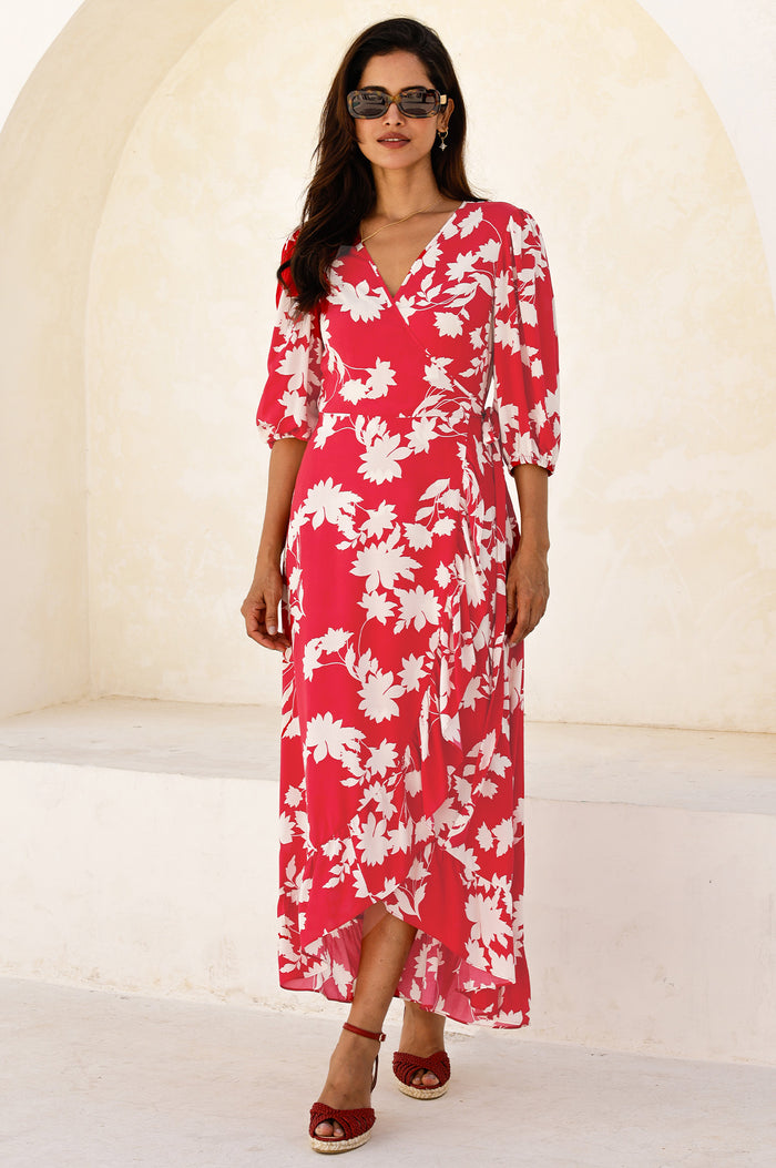 Ella EcoVero™ 3/4 Length Sleeve Wrap Dress | Red/Cream