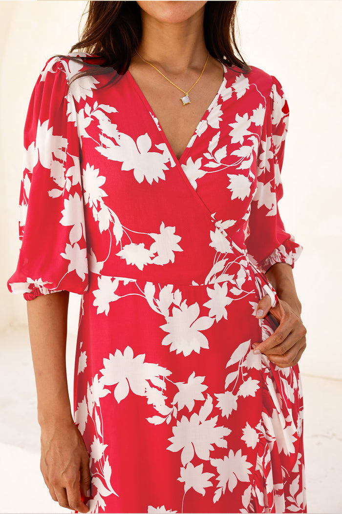 Ella EcoVero™ 3/4 Length Sleeve Wrap Dress | Red/Cream