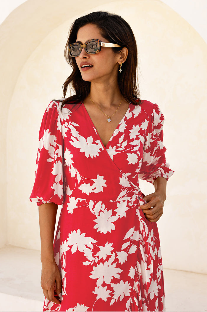 Ella EcoVero™ 3/4 Length Sleeve Wrap Dress | Red/Cream