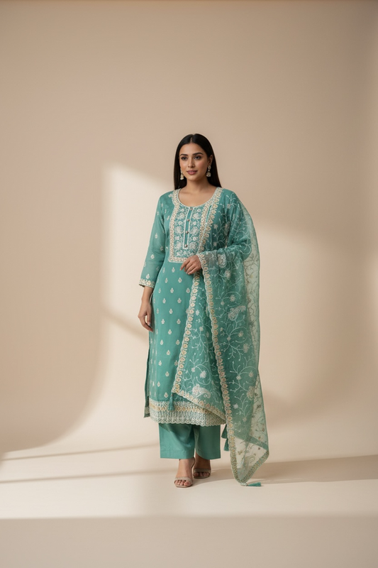 Embroidered silk salwar suit by Kurti Connection USA