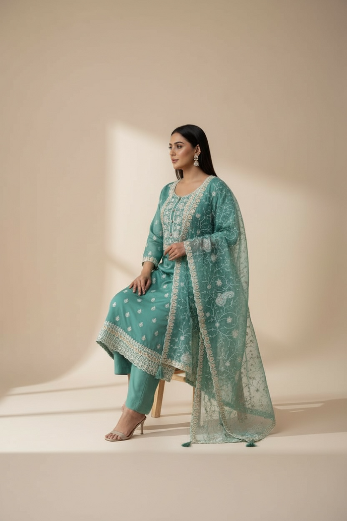 Embroidered silk salwar suit by Kurti Connection USA