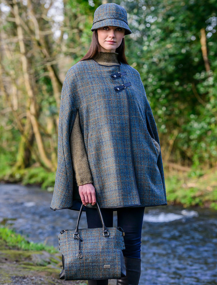 Emily Tweed & Leather Bag - Green, Navy & Brown Plaid #color_teal-brown-plaid