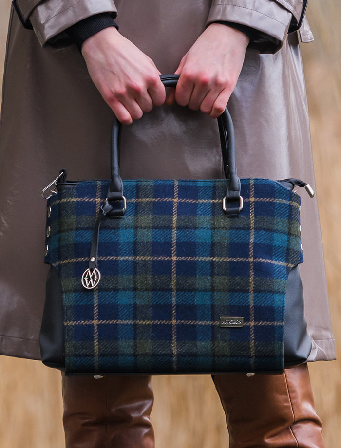 Emily Tweed & Leather Bag - Navy Sky Green #color_navy-sky-green