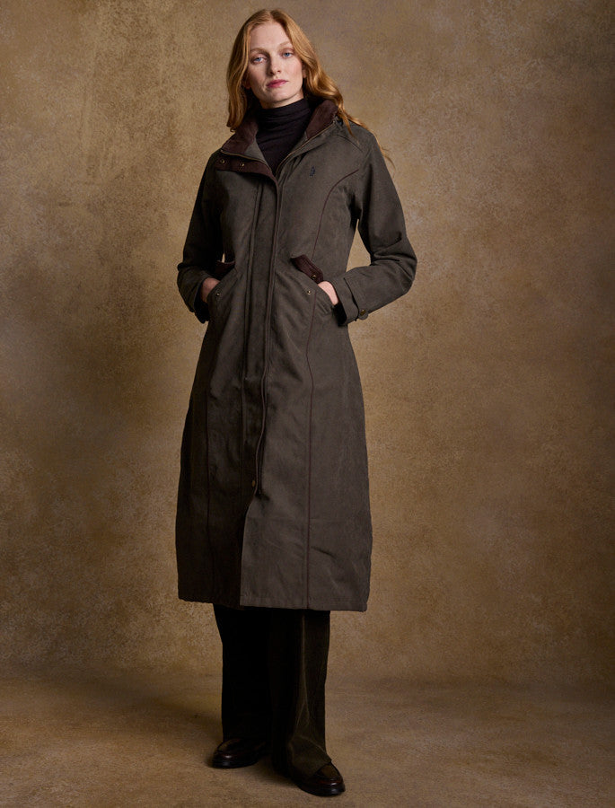 Erin Ladies Waterproof Long Riding Coat - Olive #color_olive