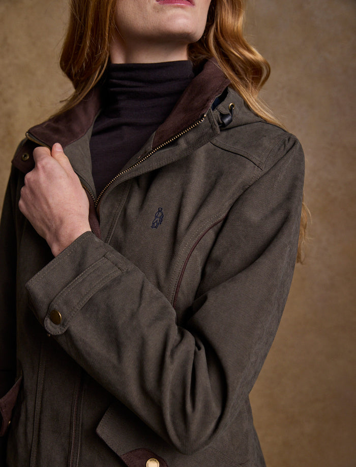 Erin Ladies Waterproof Long Riding Coat - Olive #color_olive