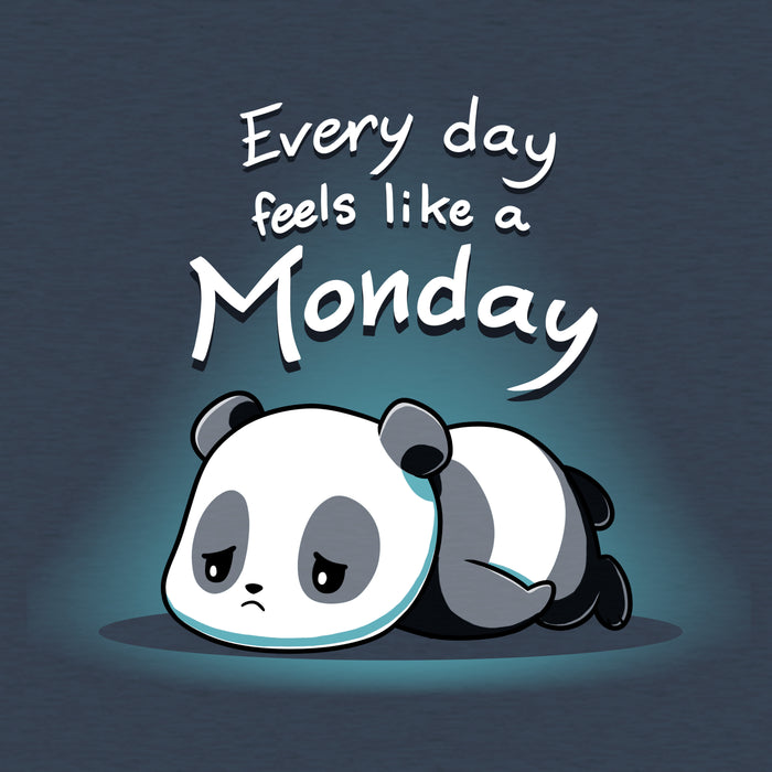 Classic Cotton T-shirt_Teeturtle heather navy Every Day Feels Like a Monday apparel featuring a sad cartoon panda flopped on the floor with eyes downcast with the words 'Every day feels like a Monday' above it.