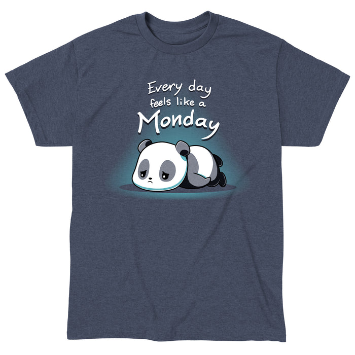 Classic Cotton T-shirt_Teeturtle heather navy Every Day Feels Like a Monday apparel featuring a sad cartoon panda flopped on the floor with eyes downcast with the words 'Every day feels like a Monday' above it.