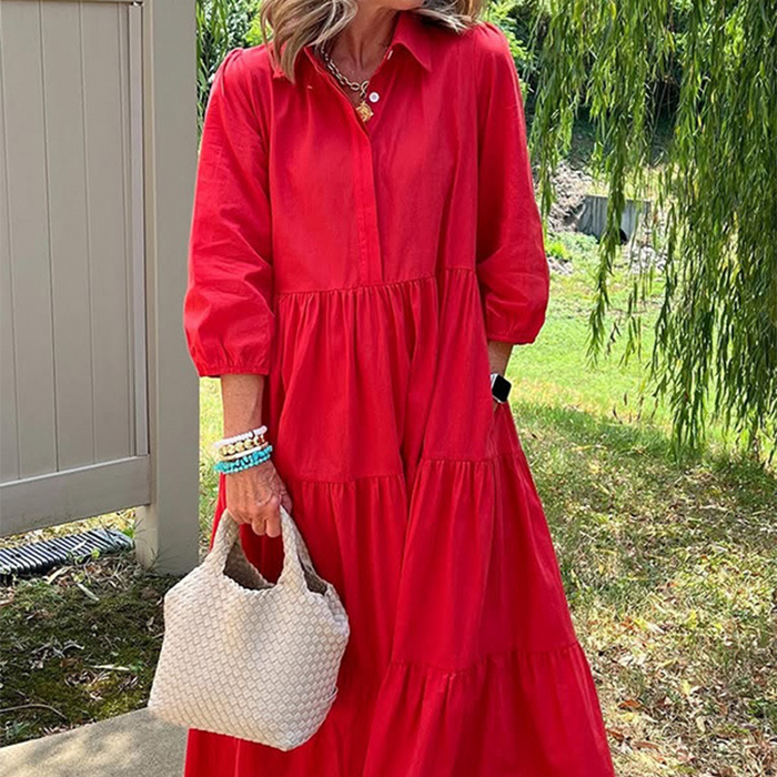 Faelina - Robe décontractée pour femmes, coupe ample avec col revers et longueur cheville