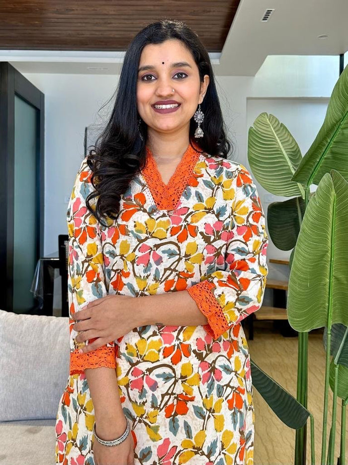 Fancy V-Neck Cotton Kurta- Colorful