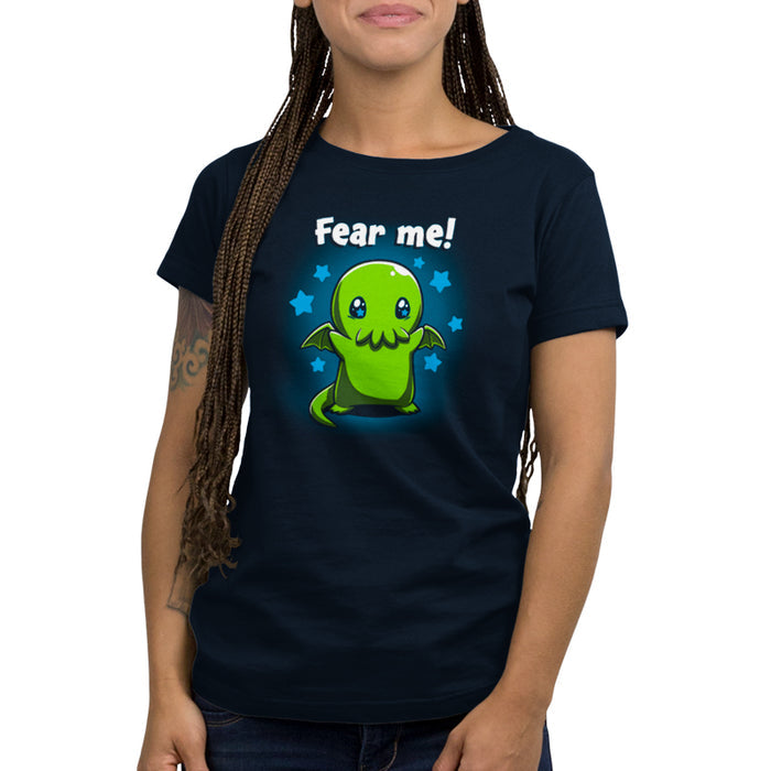 Premium Cotton T-shirt_Teeturtle Fear Me! Navy Blue t-shirt featuring a cute Cthulhu with starry eyes surrounded by stars with the words 'Fear me!' written above its head in this magical creature design.