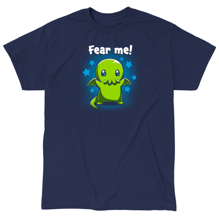 Classic Cotton T-shirt_Teeturtle Fear Me! Navy Blue t-shirt featuring a cute Cthulhu with starry eyes surrounded by stars with the words 'Fear me!' written above its head in this magical creature design.