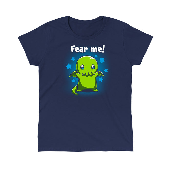 Classic Cotton T-shirt_Teeturtle Fear Me! Navy Blue t-shirt featuring a cute Cthulhu with starry eyes surrounded by stars with the words 'Fear me!' written above its head in this magical creature design.
