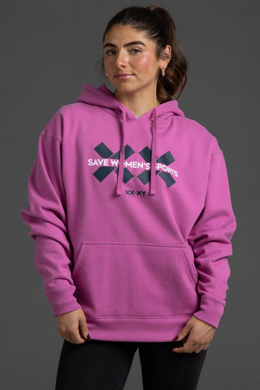 Person wearing a pink hoodie with text on a gray background || Bright Fuchsia