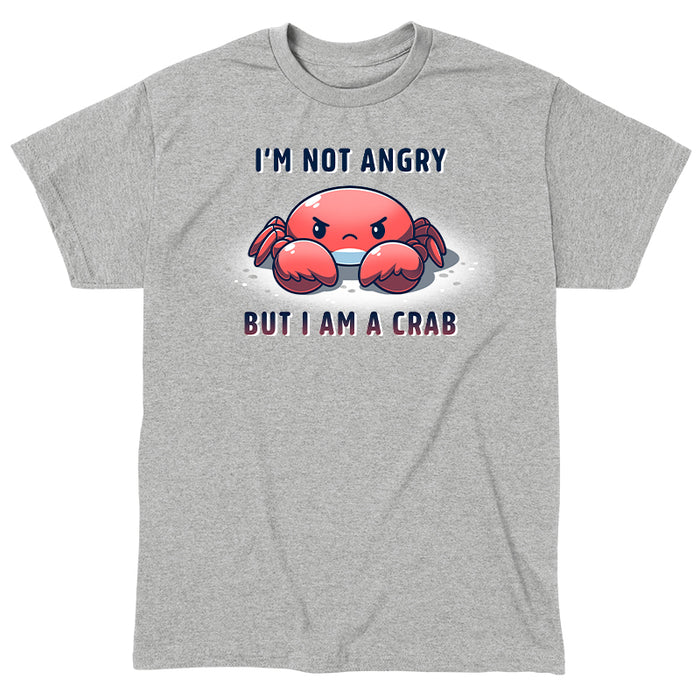 Classic Cotton T-shirt_TeeTurtle heather gray Feeling Crabby apparel featuring a grumpy crab with the caption, "I'm not angry, but I am a crab".