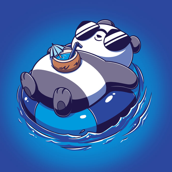 Premium Cotton T-shirt_Teeturtle royal clue Float Panda apparel featuring a chill Panda in sunglasses relaxing on it's back in an innertube with a tropical drink sitting on their stomach.