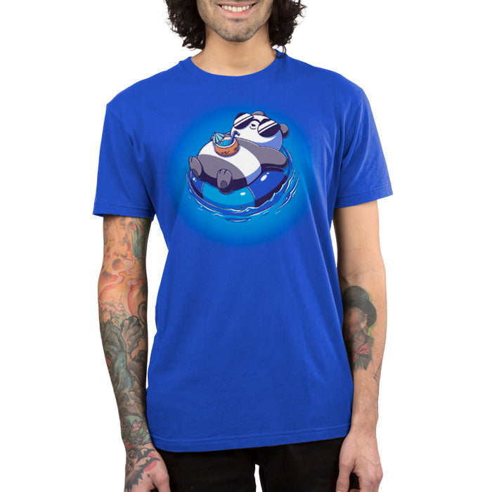 Premium Cotton T-shirt_Teeturtle royal clue Float Panda apparel featuring a chill Panda in sunglasses relaxing on it's back in an innertube with a tropical drink sitting on their stomach.