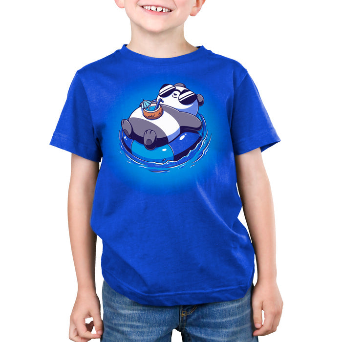Premium Cotton T-shirt_Teeturtle royal clue Float Panda apparel featuring a chill Panda in sunglasses relaxing on it's back in an innertube with a tropical drink sitting on their stomach.