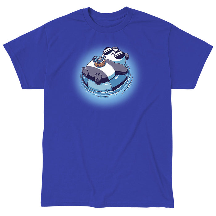 Classic Cotton T-shirt_Teeturtle royal clue Float Panda apparel featuring a chill Panda in sunglasses relaxing on it's back in an innertube with a tropical drink sitting on their stomach.