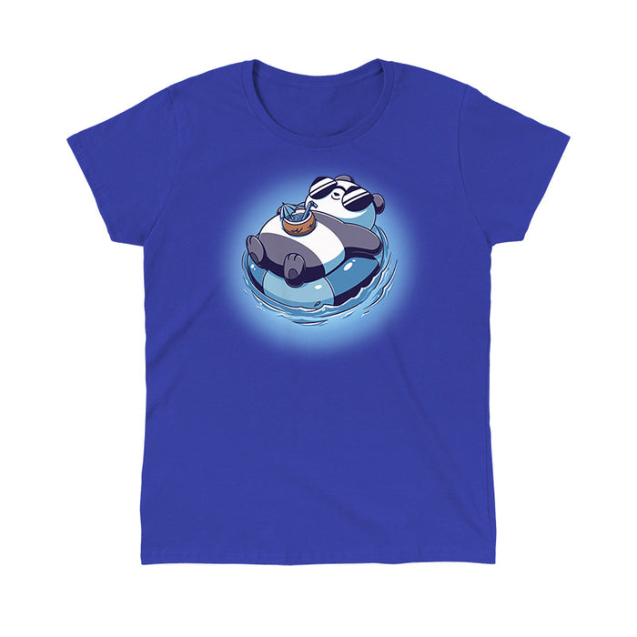 Classic Cotton T-shirt_Teeturtle royal clue Float Panda apparel featuring a chill Panda in sunglasses relaxing on it's back in an innertube with a tropical drink sitting on their stomach.