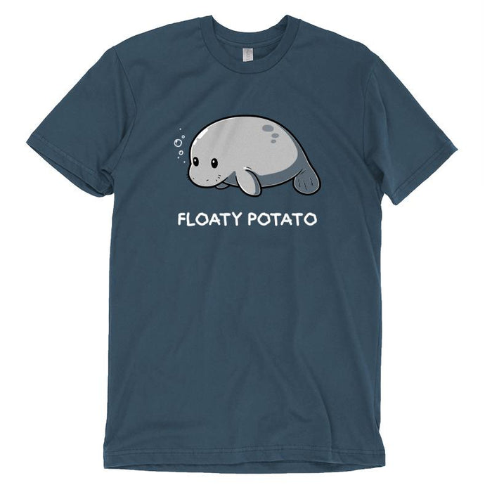Premium Cotton T-shirt_Teeturtle denim blue Floaty Potato apparel featuring an adorable manatee floating above the words 'Floaty Potato.'