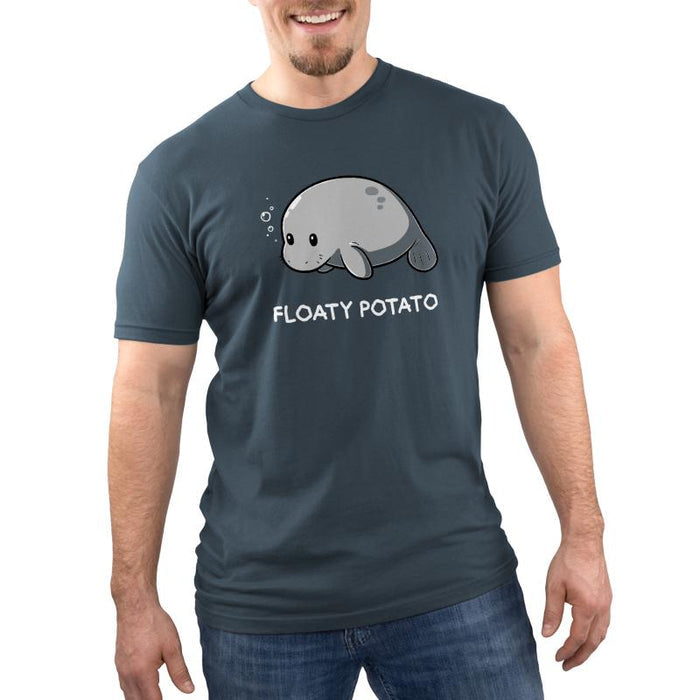Premium Cotton T-shirt_Teeturtle denim blue Floaty Potato apparel featuring an adorable manatee floating above the words 'Floaty Potato.'