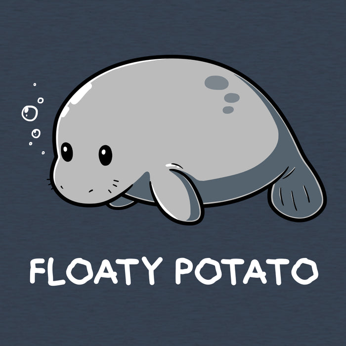 Classic Cotton T-shirt_Teeturtle heather navy Floaty Potato apparel featuring an adorable manatee floating above the words 'Floaty Potato.'