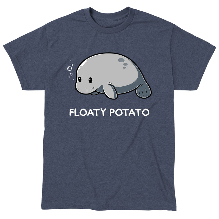 Classic Cotton T-shirt_Teeturtle heather navy Floaty Potato apparel featuring an adorable manatee floating above the words 'Floaty Potato.'