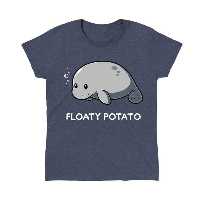 Classic Cotton T-shirt_Teeturtle heather navy Floaty Potato apparel featuring an adorable manatee floating above the words 'Floaty Potato.'