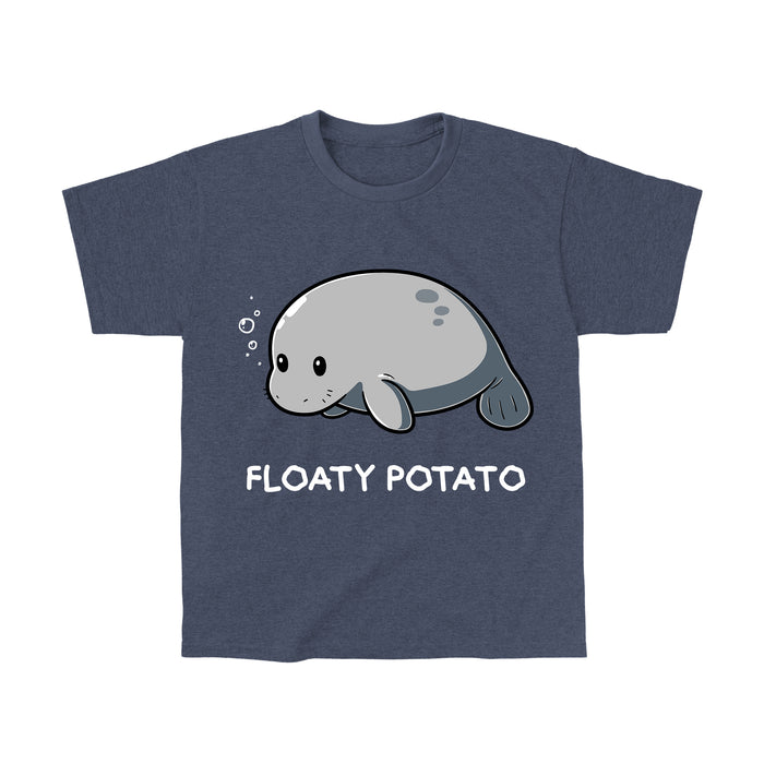 Classic Cotton T-shirt_Teeturtle heather navy Floaty Potato apparel featuring an adorable manatee floating above the words 'Floaty Potato.'