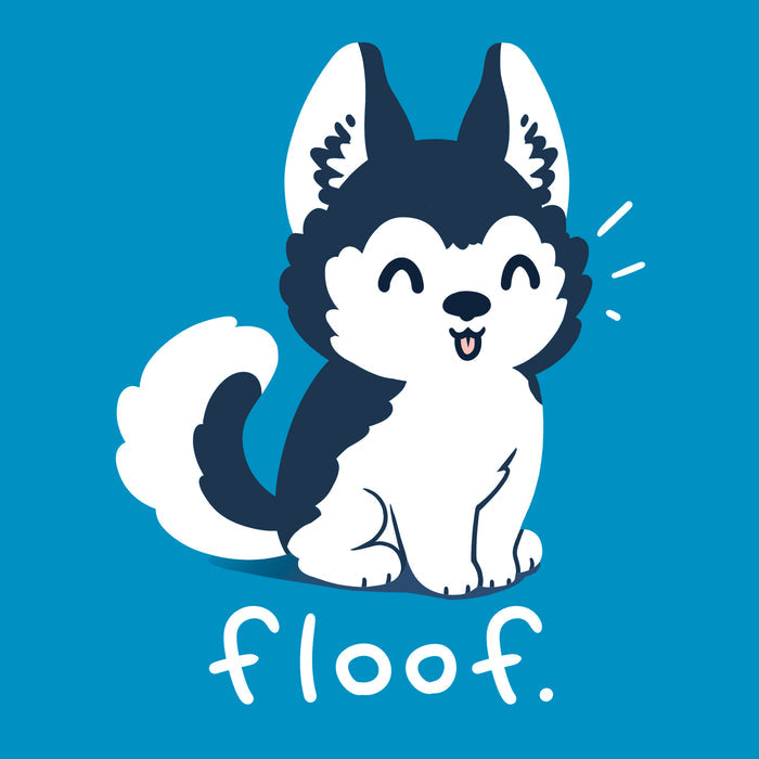 Classic Cotton T-shirt_TeeTurtle sapphire blue Floof apparel featuring a happy and fluffy husky with its tongue out, caption reads 'Floof'.