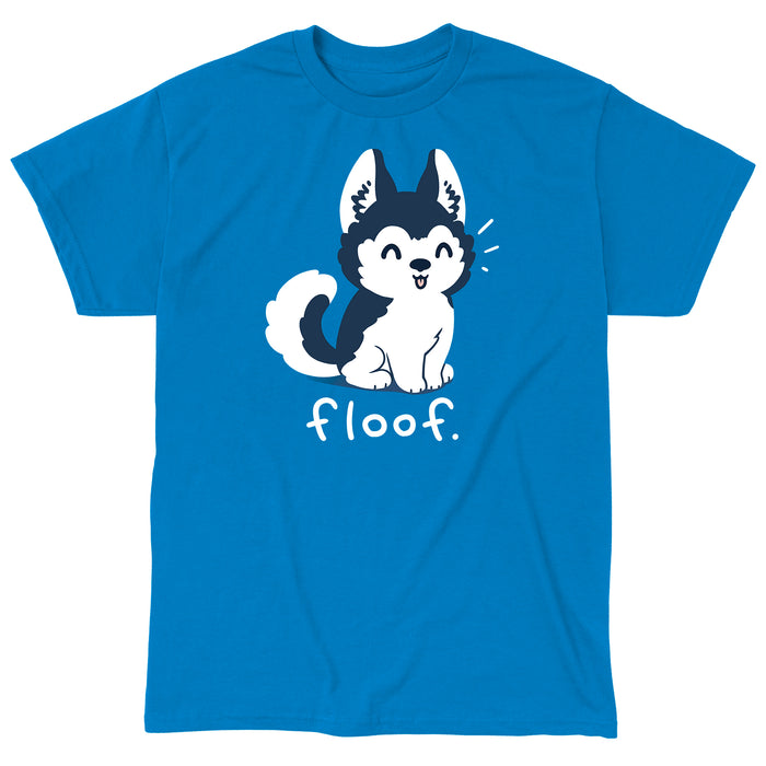Classic Cotton T-shirt_TeeTurtle sapphire blue Floof apparel featuring a happy and fluffy husky with its tongue out, caption reads 'Floof'.