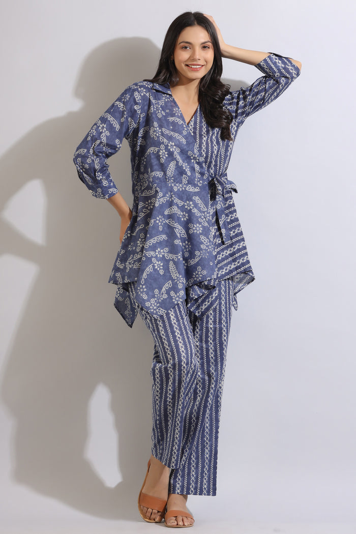 Floral Shibori on Blue Cotton Co-ord Set