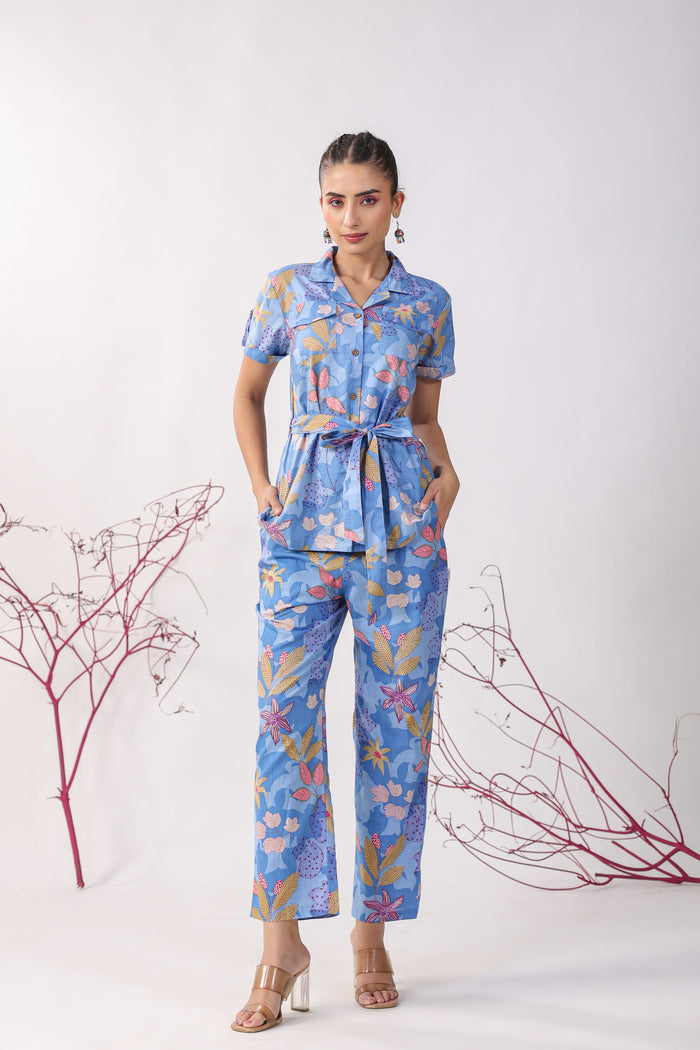 Flowers on Blue Cotton Loungewear Top Set