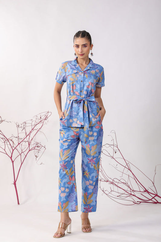 Flowers on Blue Cotton Loungewear Top Set