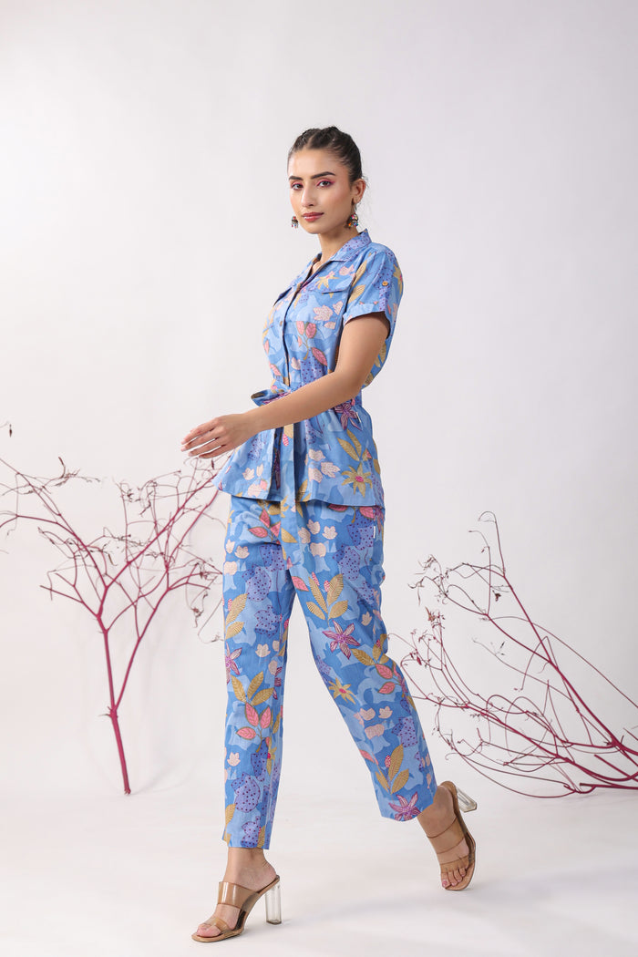 Flowers on Blue Cotton Loungewear Top Set
