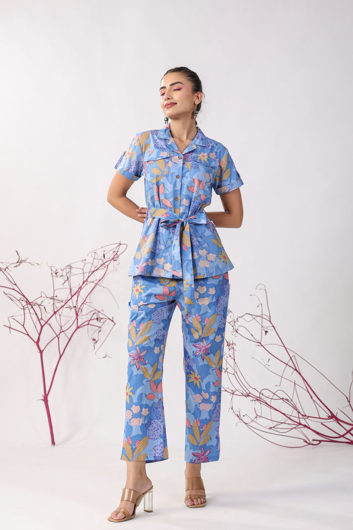 Flowers on Blue Cotton Loungewear Top Set